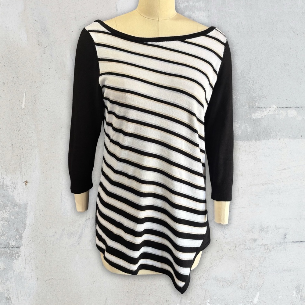 WHBM Black, Silver and White Diagonal Striped Women's Top
